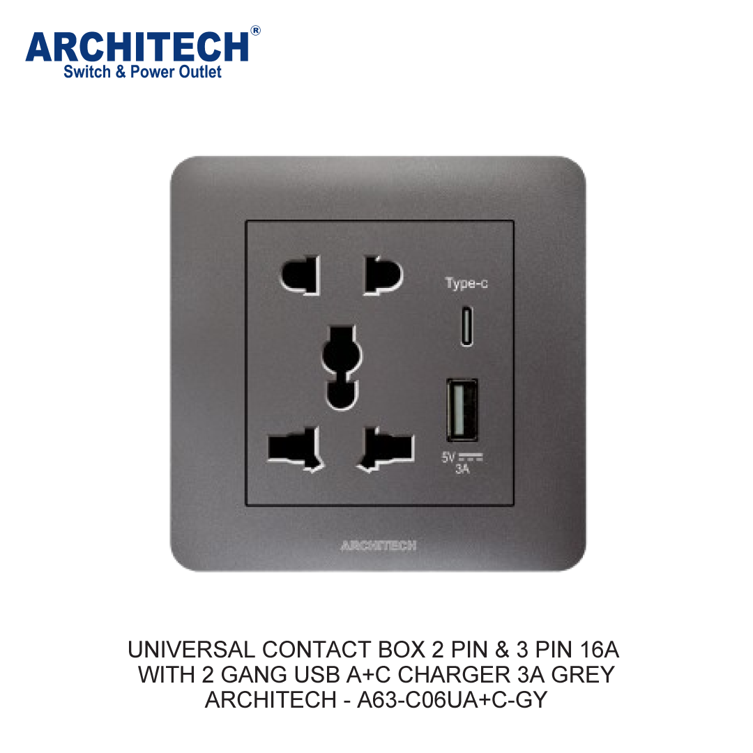 UNIVERSAL CONTACT BOX 2 PIN & 3 PIN 16A WITH 2 GANG USB A+C CHARGER 3A GREY