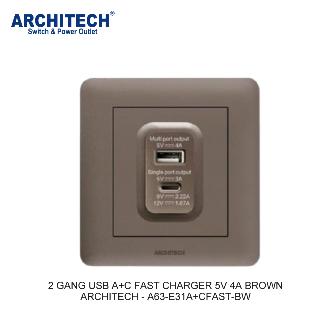 2 GANG USB A+C FAST CHARGER 5V 4A BROWN
