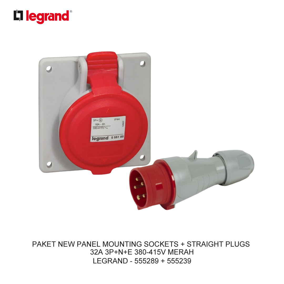 PACKAGE NEW PANEL MOUNTING SOCKETS + STRAIGHT PLUGS 32A 3P+N+E 380-415V RED
