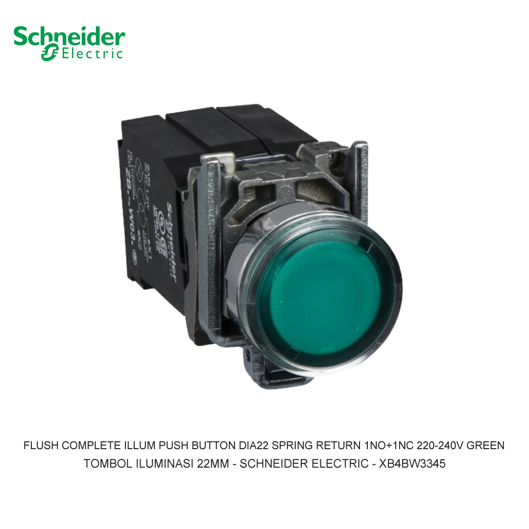 FLUSH COMPLETE ILLUM PUSH BUTTON DIA22 SPRING RETURN 1NO+1NC 220-240V GREEN