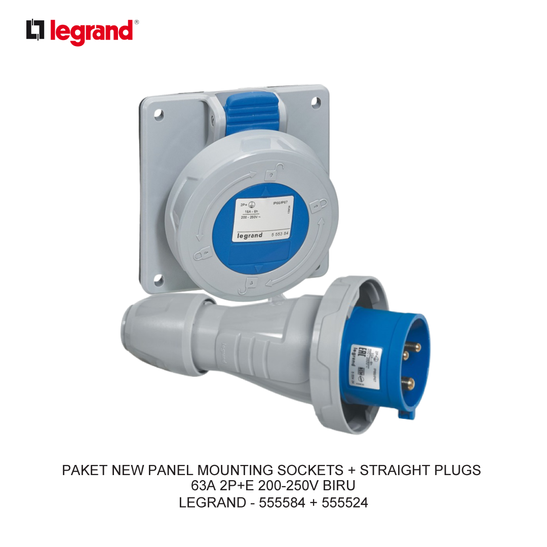 PACKAGE NEW PANEL MOUNTING SOCKETS + STRAIGHT PLUGS 63A 2P+E 200-250V BLUE