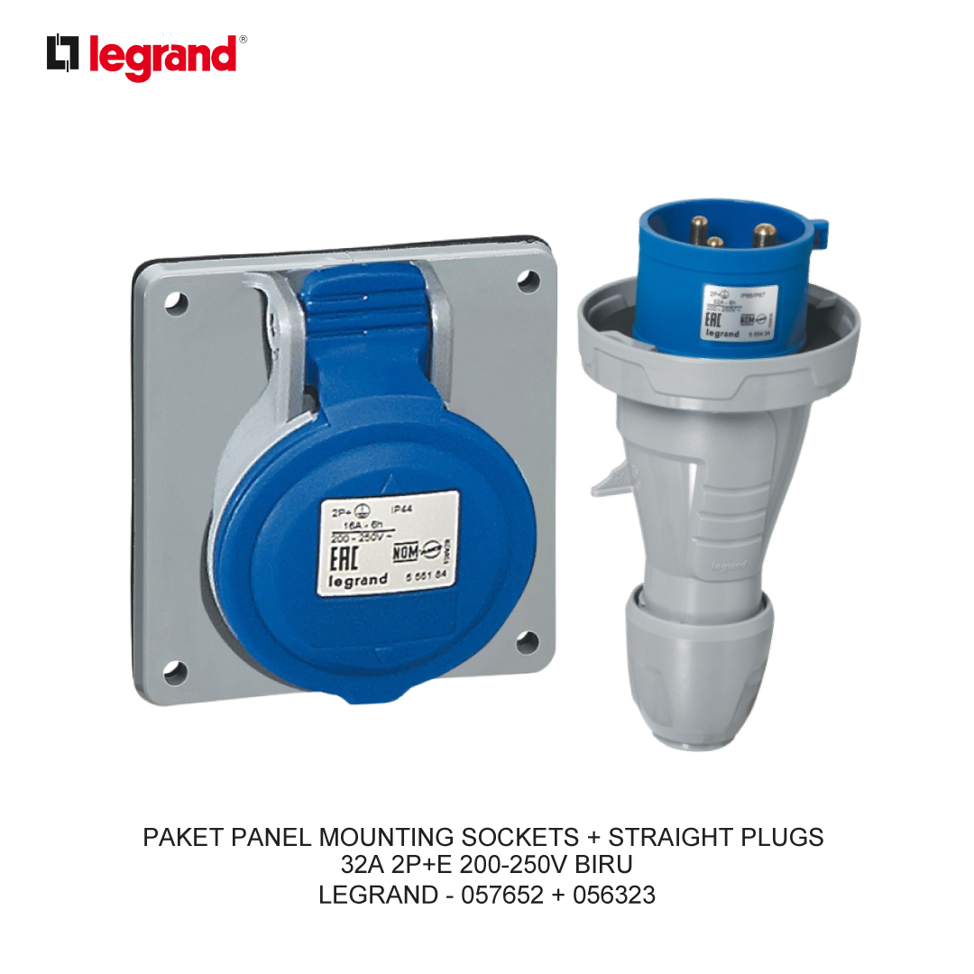 PACKAGE PANEL MOUNTING SOCKETS + STRAIGHT PLUGS 32A 2P+E 200-250V BLUE