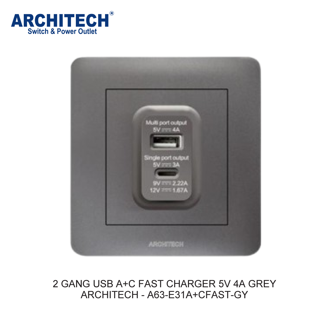 2 GANG USB A+C FAST CHARGER 5V 4A GREY