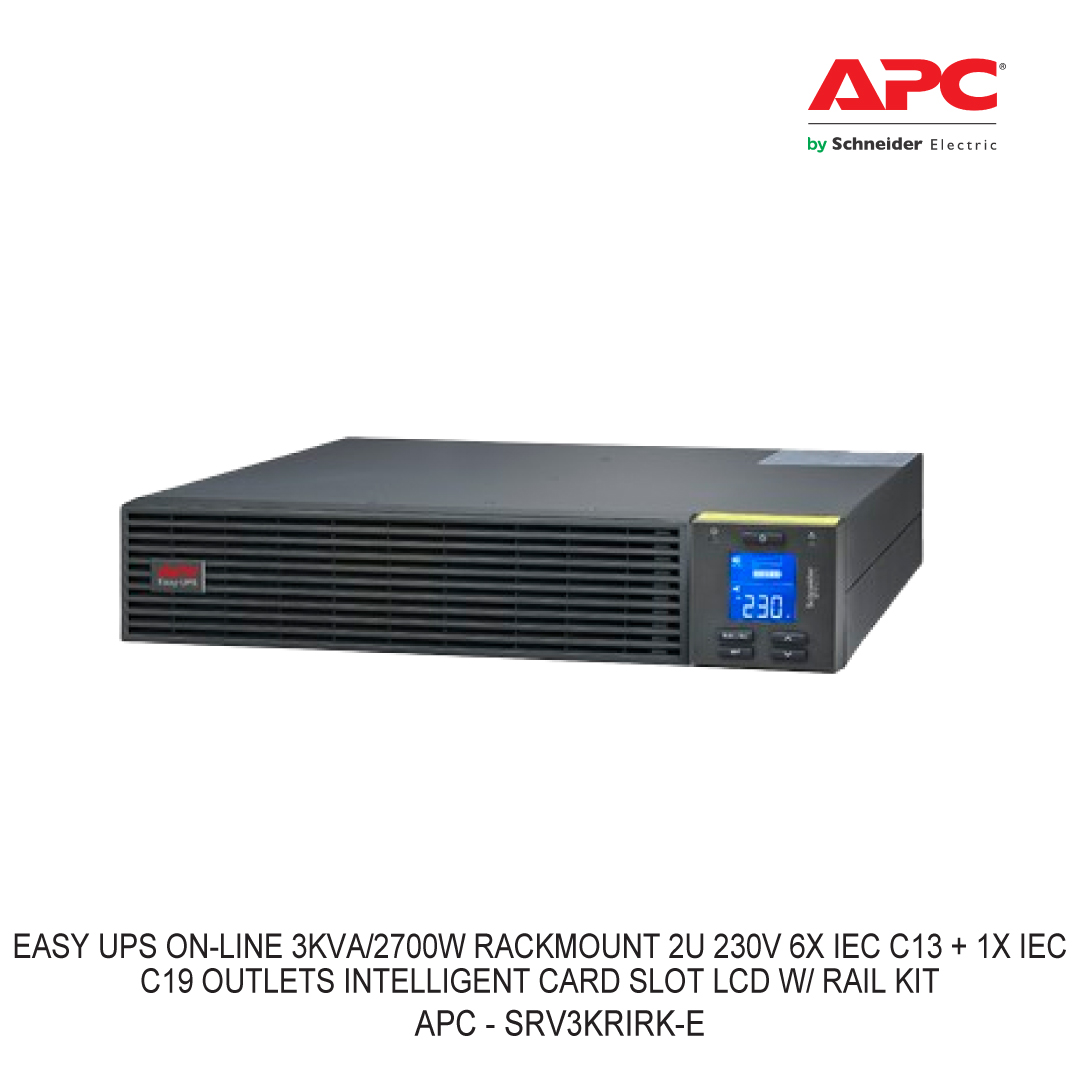 APC EASY UPS ON-LINE 3KVA/2700W RACKMOUNT 2U 230V 6X IEC C13 + 1X IEC C19 OUTLETS INTELLIGENT CARD SLOT LCD W/ RAIL KIT