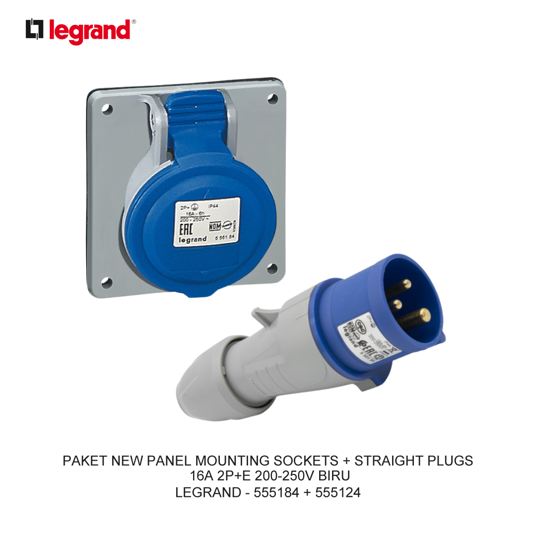 PACKAGE NEW PANEL MOUNTING SOCKETS + STRAIGHT PLUGS 16A 2P+E 200-250V BLUE