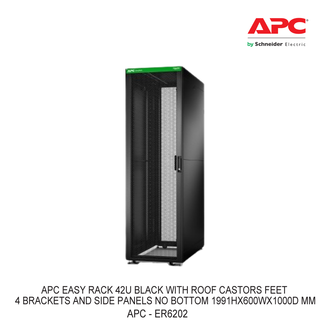 APC EASY RACK 42U BLACK WITH ROOF CASTORS FEET 4 BRACKETS AND SIDE PANELS NO BOTTOM 1991HX600WX1000D MM