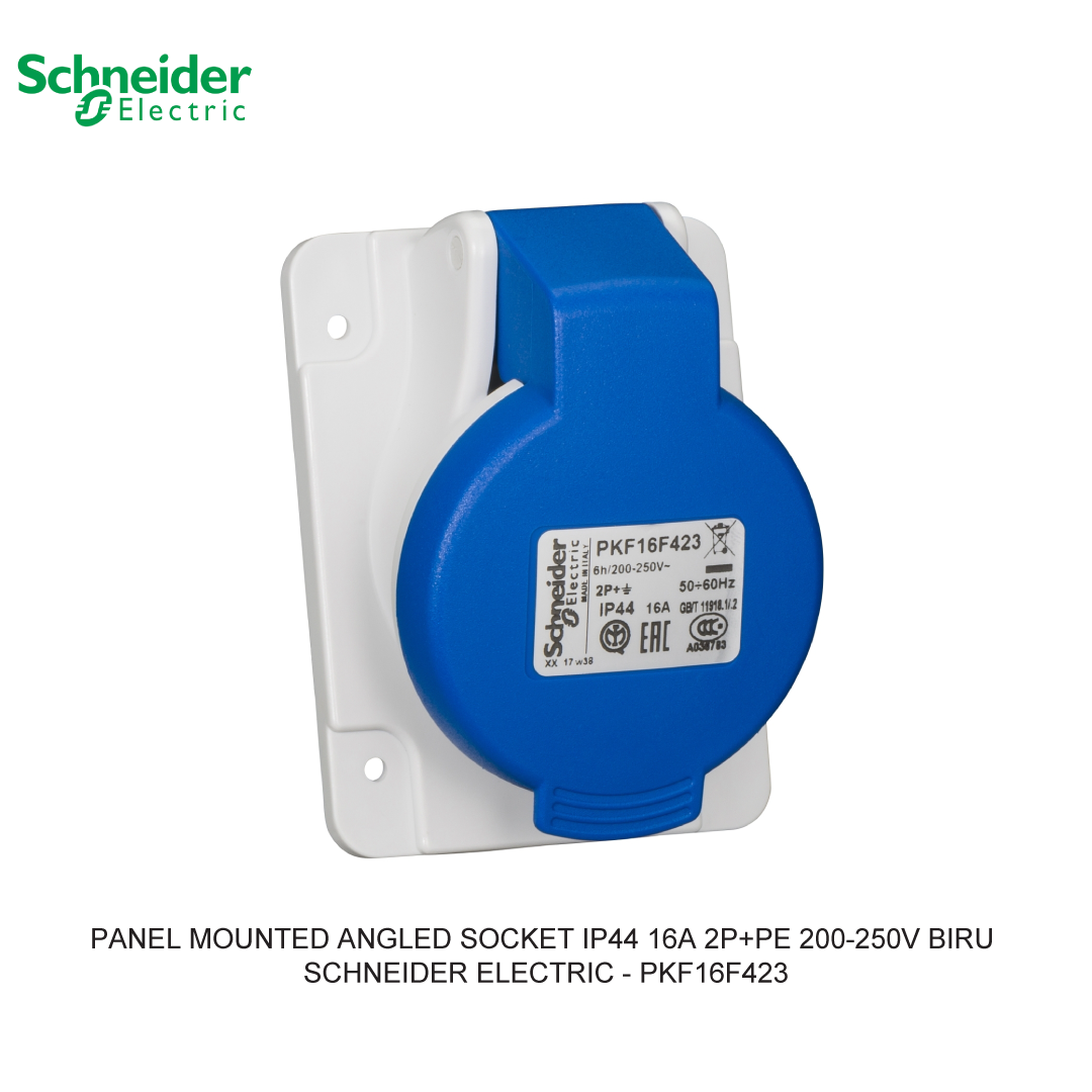PANEL MOUNTED ANGLED SOCKET IP44 16A 2P+PE 200-250V BIRU