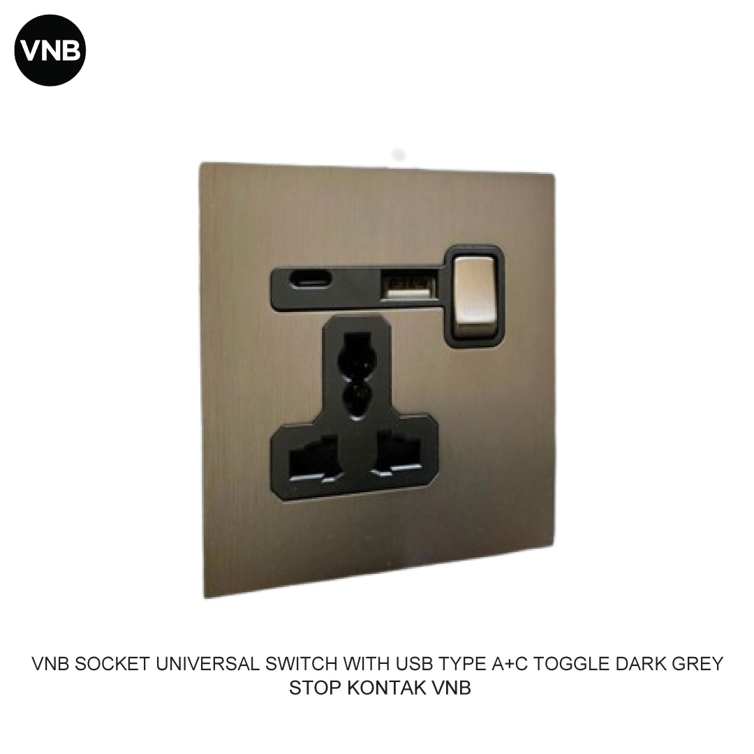 VNB SOCKET UNIVERSAL SWITCH WITH USB TYPE A+C TOGGLE DARK GREY