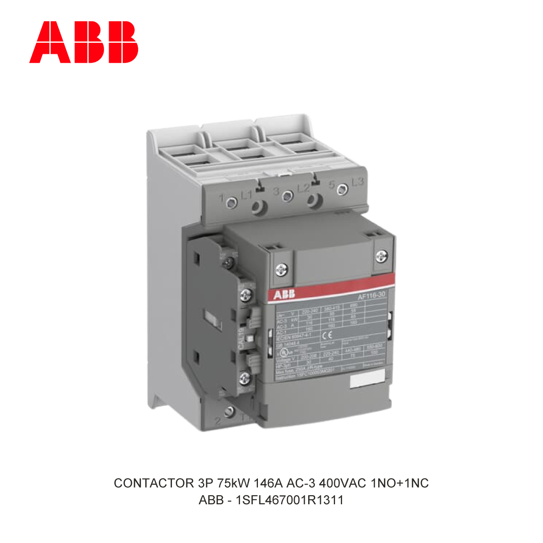 CONTACTOR 3P 75kW 146A AC-3 100-250V AC/DC 400V COIL 1NO+1NC